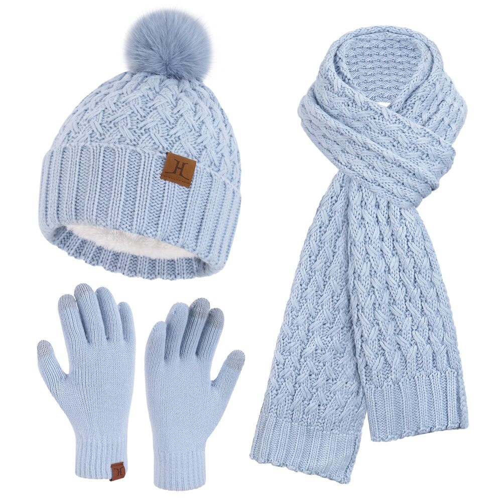 2558 Winter Beanie Hat Touchscreen Gloves Long Neck Scarf Set Warm Knit